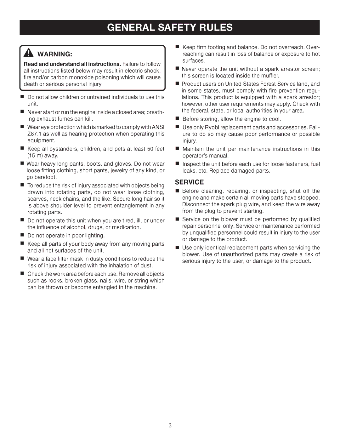 Ryobi RY08576 manual General Safety Rules, Service 