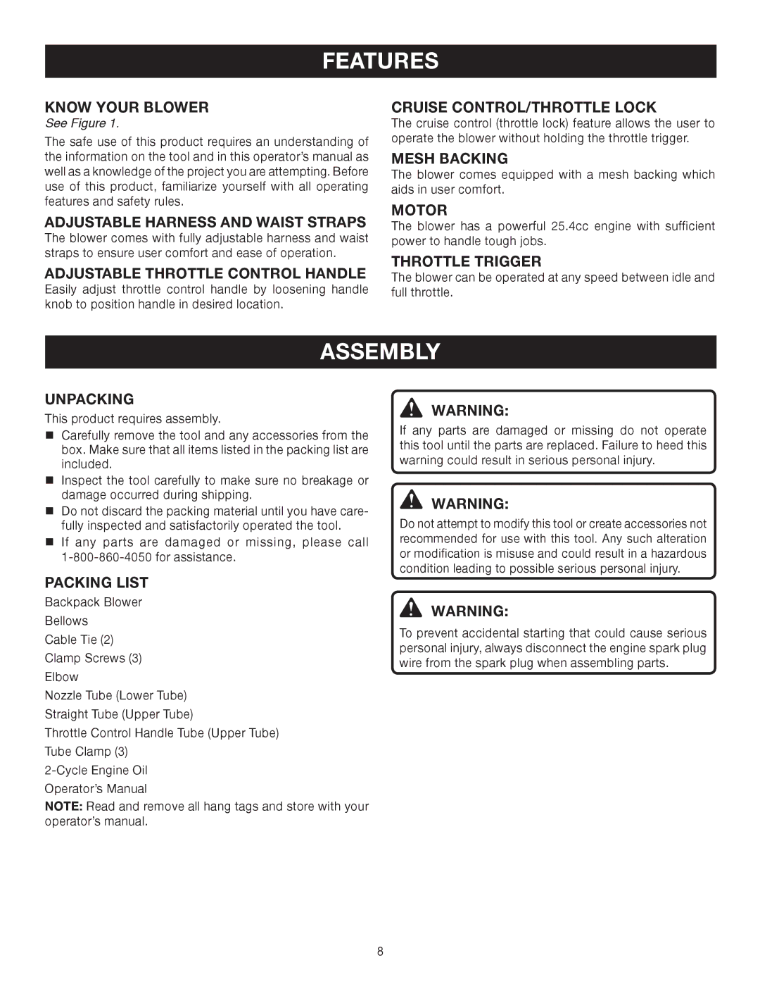 Ryobi RY08576 manual Features, Assembly 