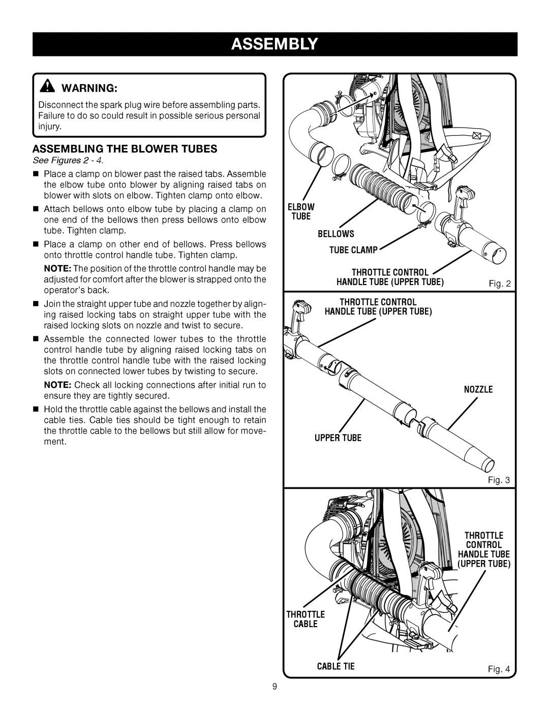 Ryobi RY08576 manual Assembling the Blower Tubes, Elbow Tube Bellows Tube Clamp, Nozzle Upper Tube Throttle Control 