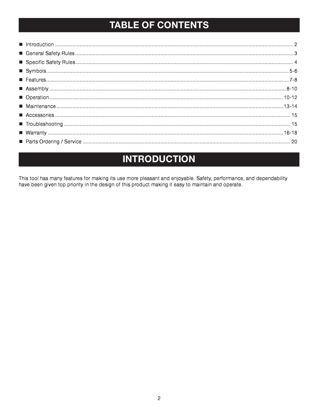 Ryobi RY08576 manual Introduction, Table Of Contents 