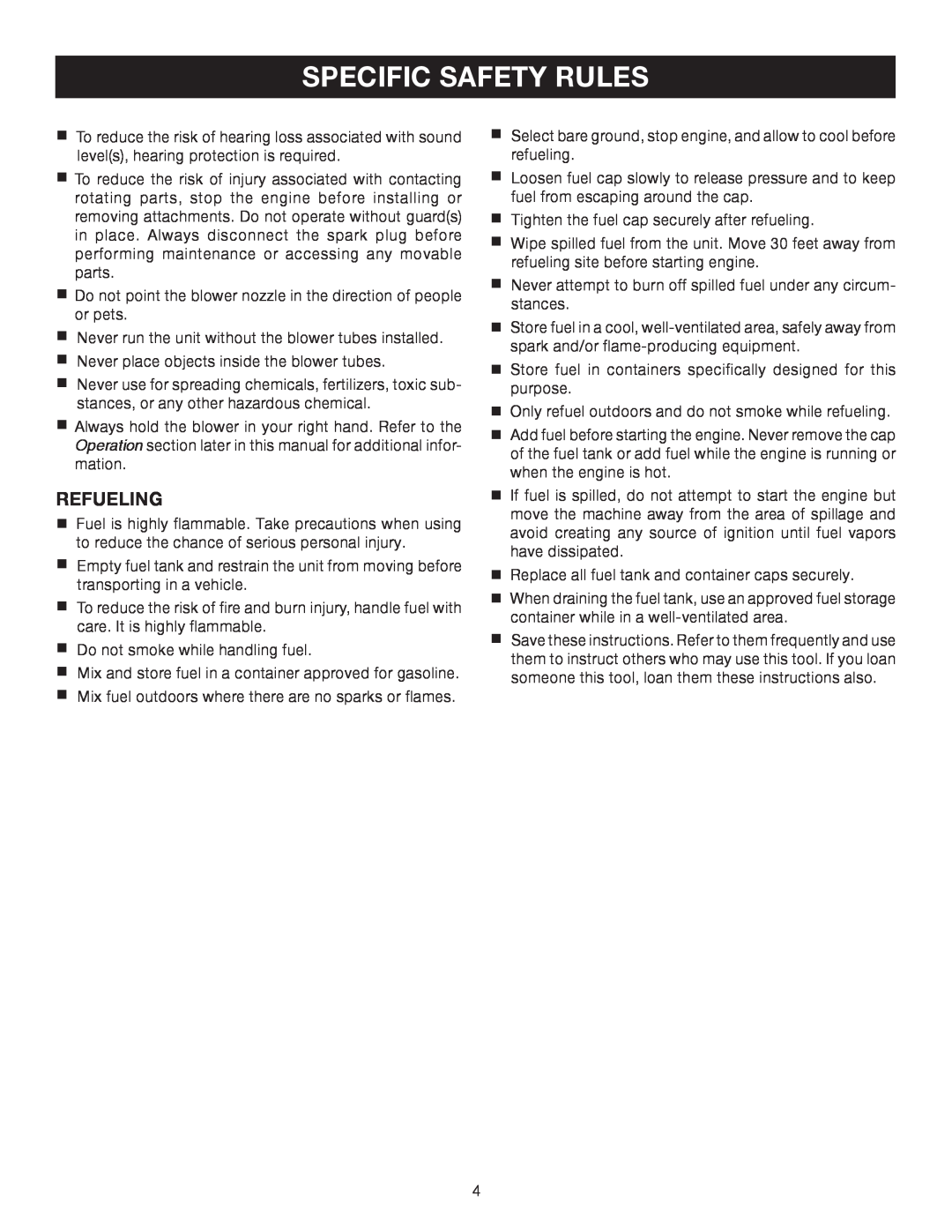 Ryobi RY08576 manual Specific Safety Rules, Refueling 