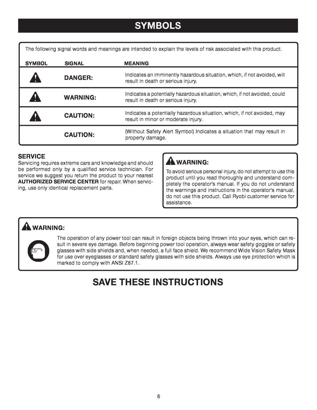 Ryobi RY08576 manual Save These Instructions, Danger, Symbols, Service, Signal, Meaning 
