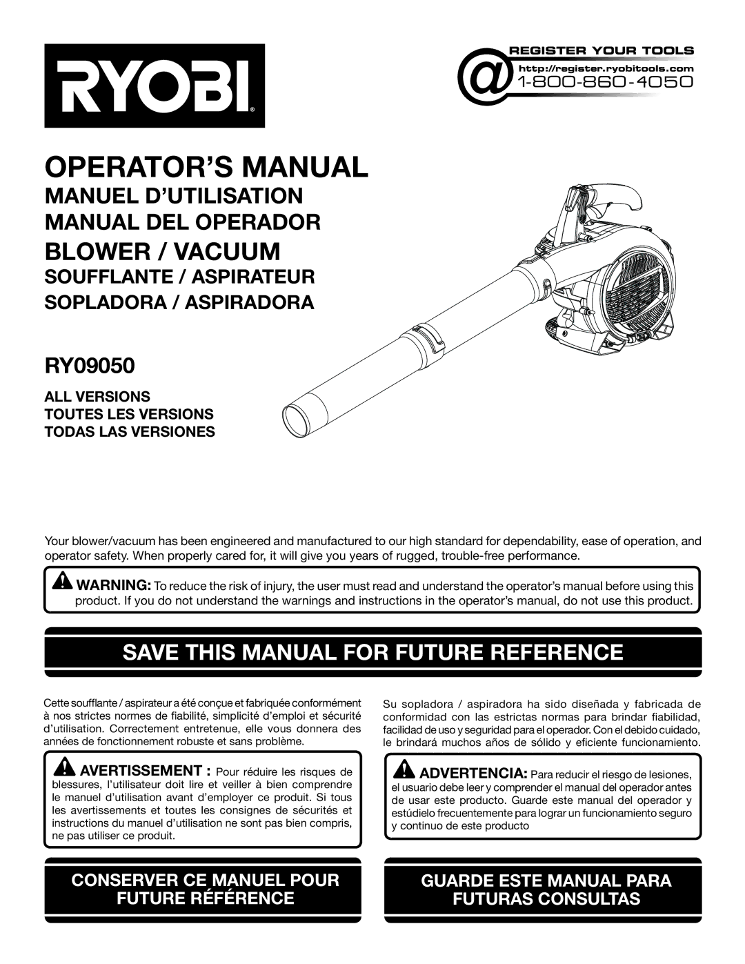 Ryobi RY09050 manuel dutilisation Save this Manual for Future Reference 