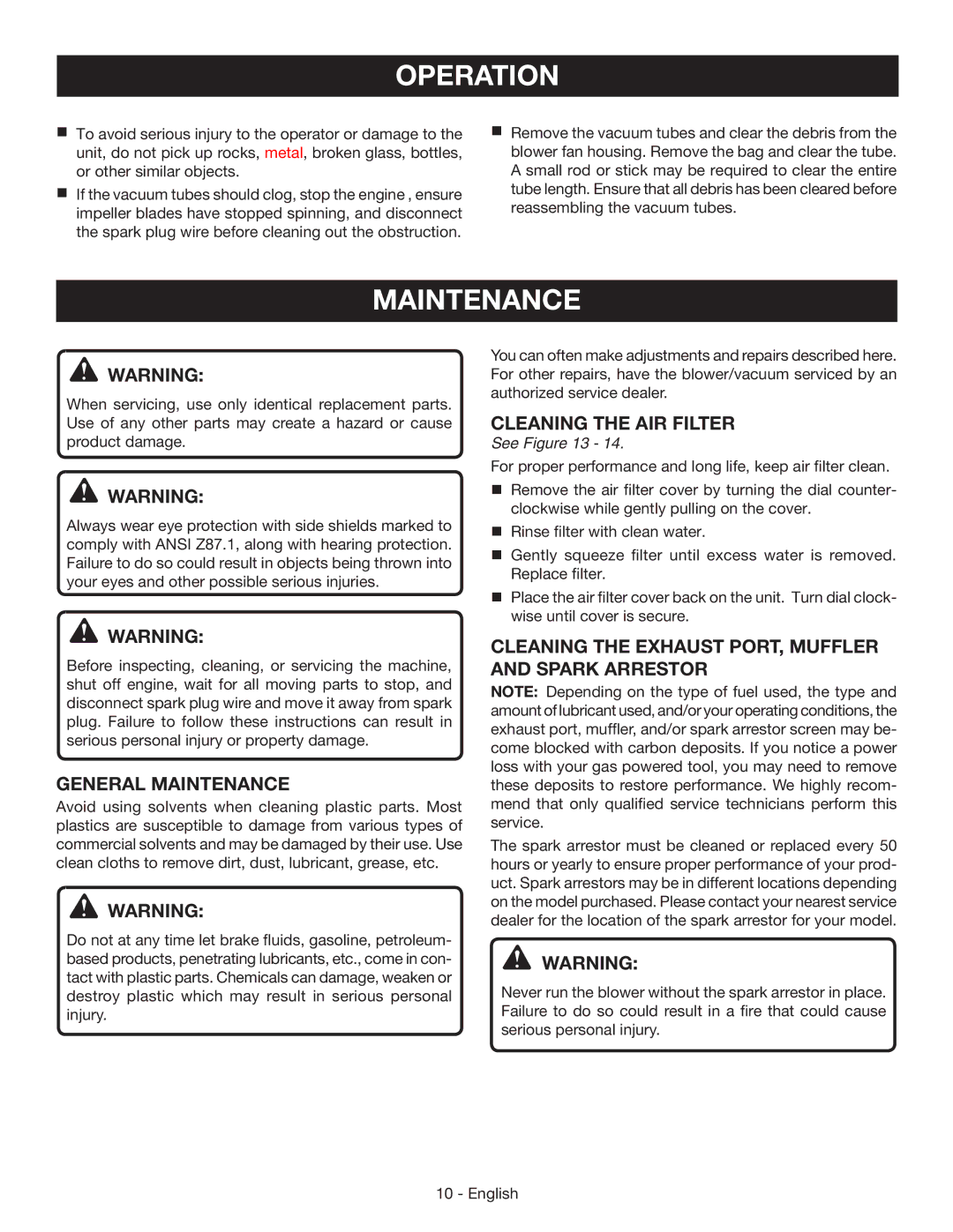 Ryobi RY09050 General Maintenance, Cleaning the AIR Filter, Cleaning the Exhaust PORT, Muffler and spark arrestor, See 