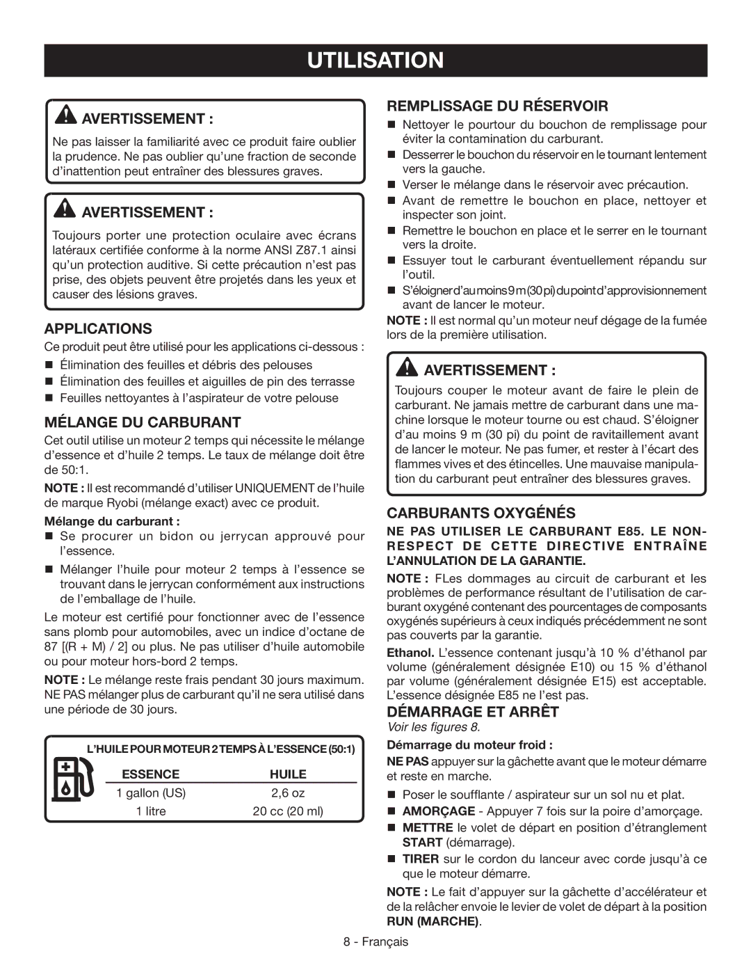 Ryobi RY09050 Utilisation, Mélange DU Carburant, Remplissage du réservoir, Carburants Oxygénés, Démarrage ET Arrêt 