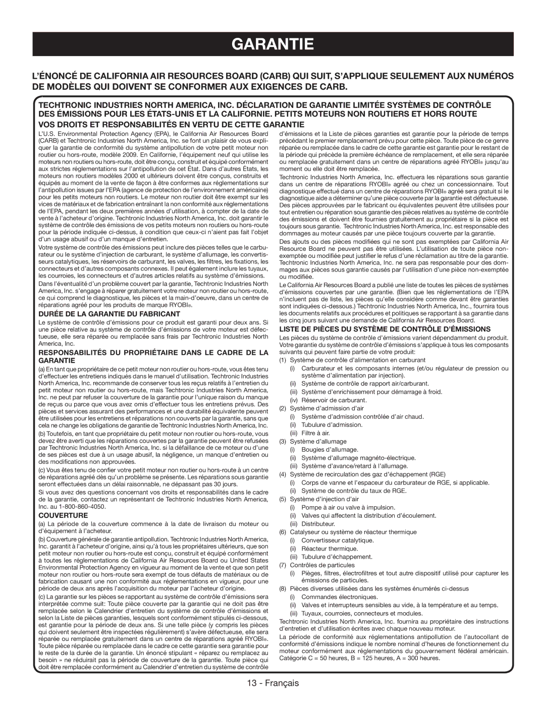 Ryobi RY09050 manuel dutilisation Responsabilités DU Propriétaire Dans LE Cadre DE LA Garantie 