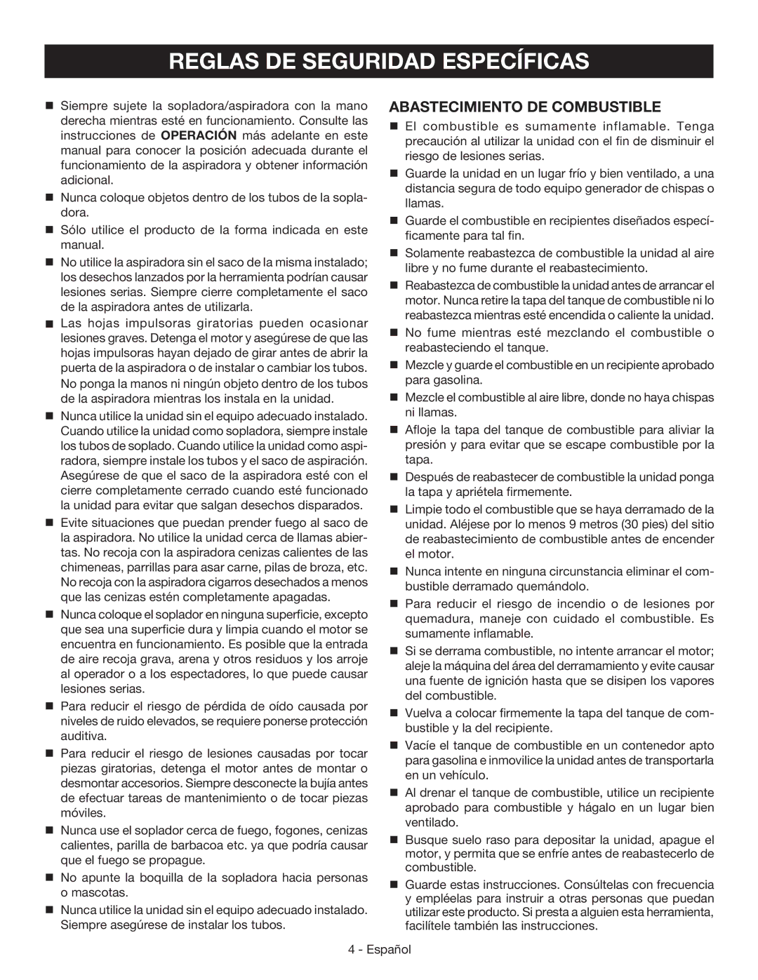 Ryobi RY09050 manuel dutilisation Reglas de seguridad específicas, Abastecimiento de combustible 