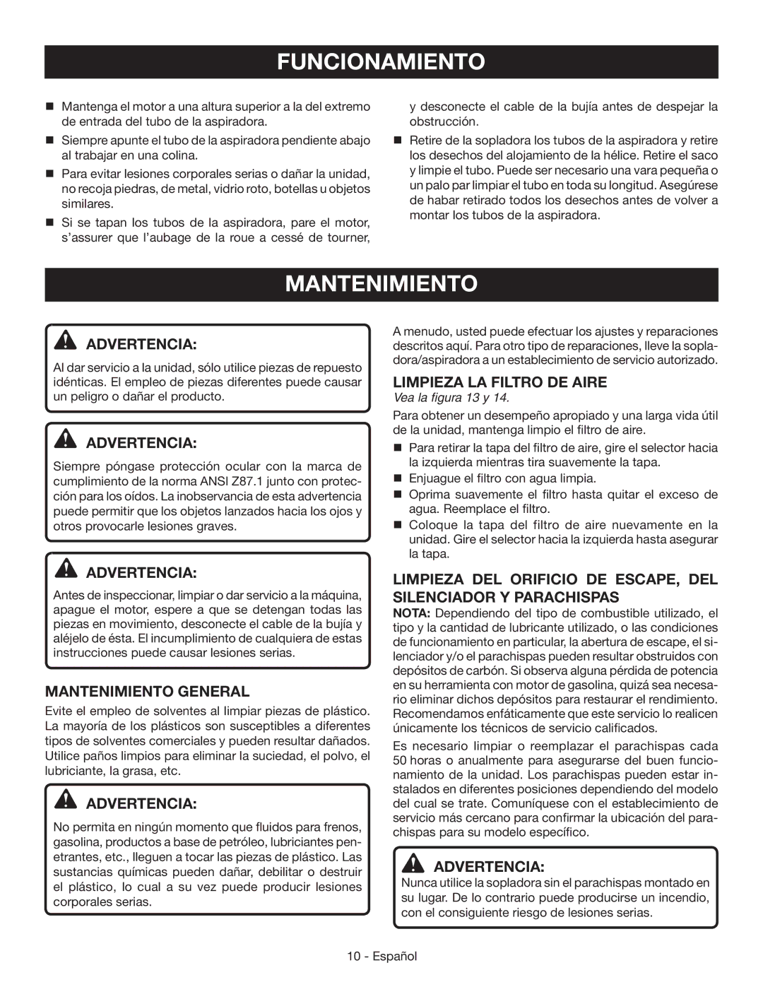 Ryobi RY09050 manuel dutilisation Mantenimiento General, Limpieza LA filtro de aire, Vea la figura 13 y 