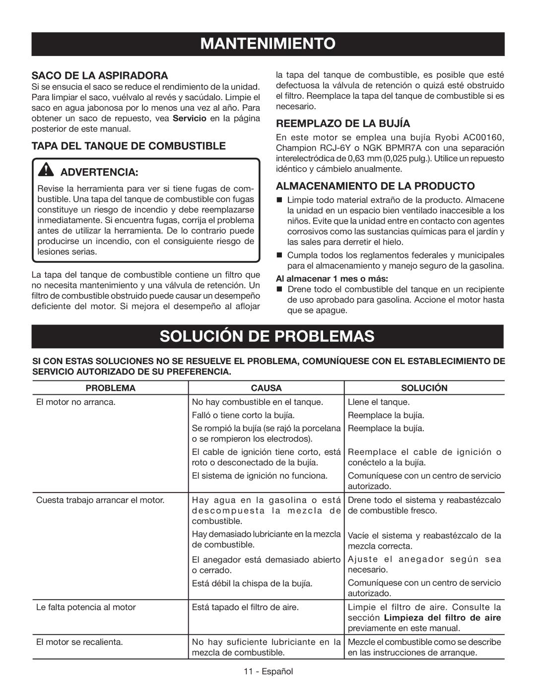 Ryobi RY09050 manuel dutilisation Solución de problemas, Saco DE LA Aspiradora, Tapa DEL Tanque DE Combustible Advertencia 