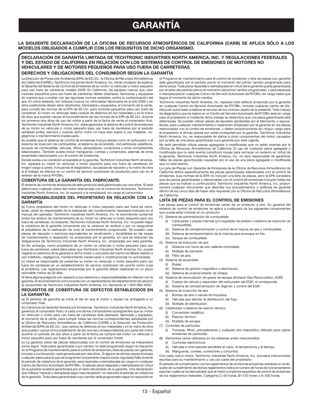 Ryobi RY09050 manuel dutilisation Cobertura DE LA Garantía DEL Fabricante 