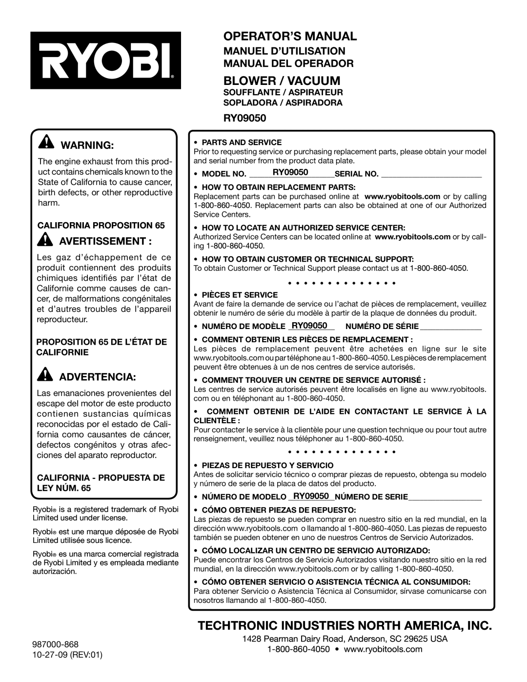 Ryobi RY09050 manuel dutilisation Manuel D’UTILISATION Manual DEL Operador 