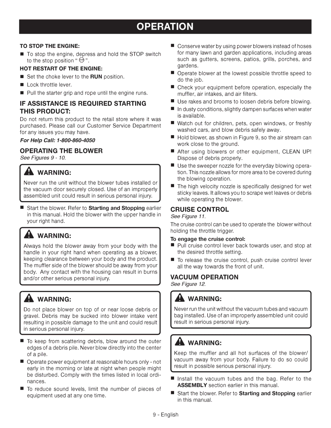 Ryobi RY09051 If Assistance is Required Starting this Product, Operating the Blower, Vacuum Operation, See Figures 9 