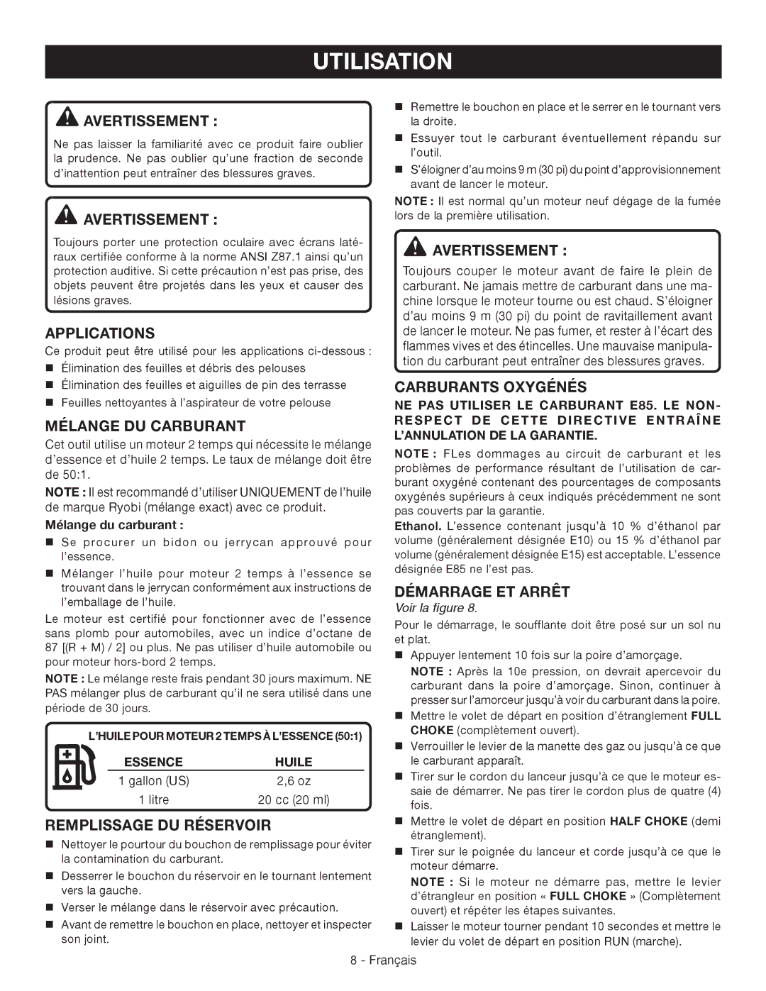 Ryobi RY09051 Utilisation, Mélange DU Carburant, Remplissage DU Réservoir, Carburants Oxygénés, Démarrage ET Arrêt 