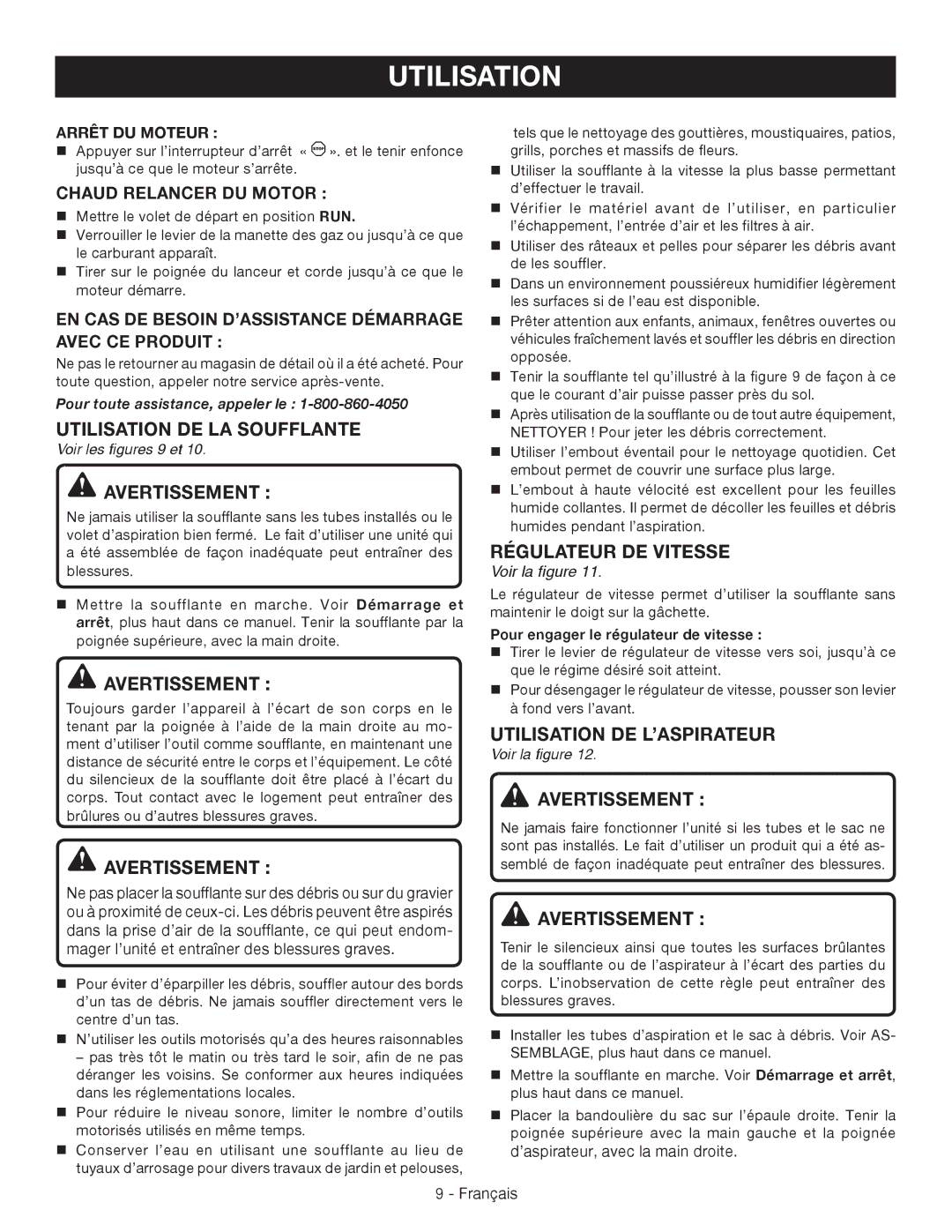 Ryobi RY09051 Utilisation DE LA Soufflante, Utilisation DE L’ASPIRATEUR, Avertissement , Chaud Relancer DU Motor 