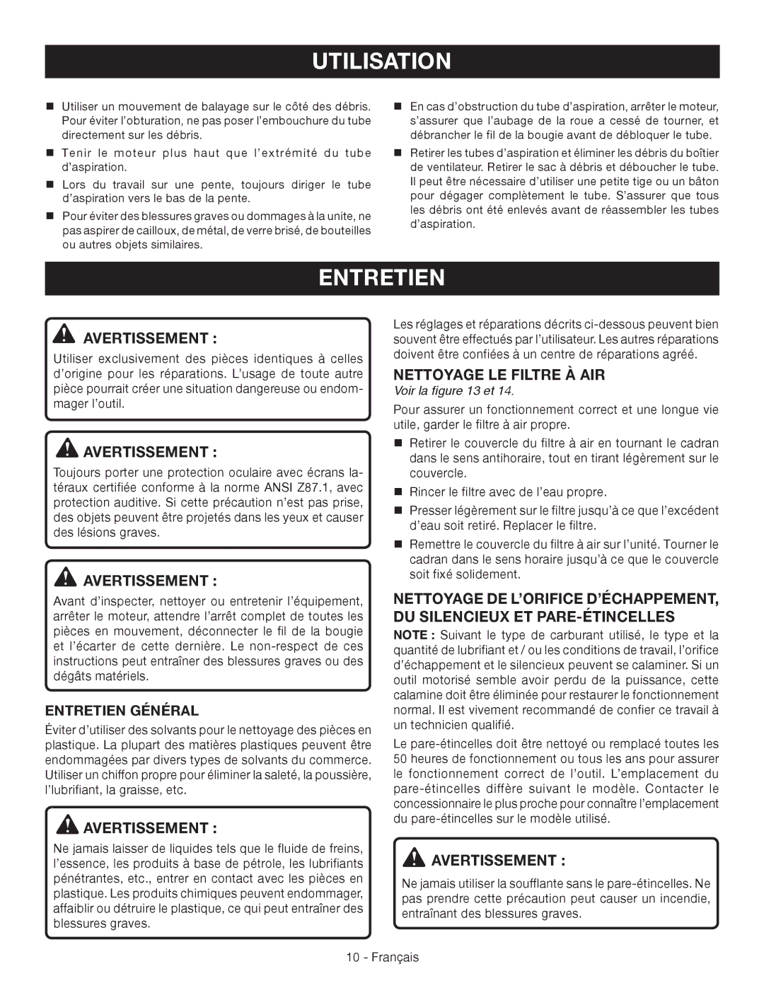 Ryobi RY09051 manuel dutilisation Nettoyage LE Filtre À AIR, Entretien Général, Voir la et 