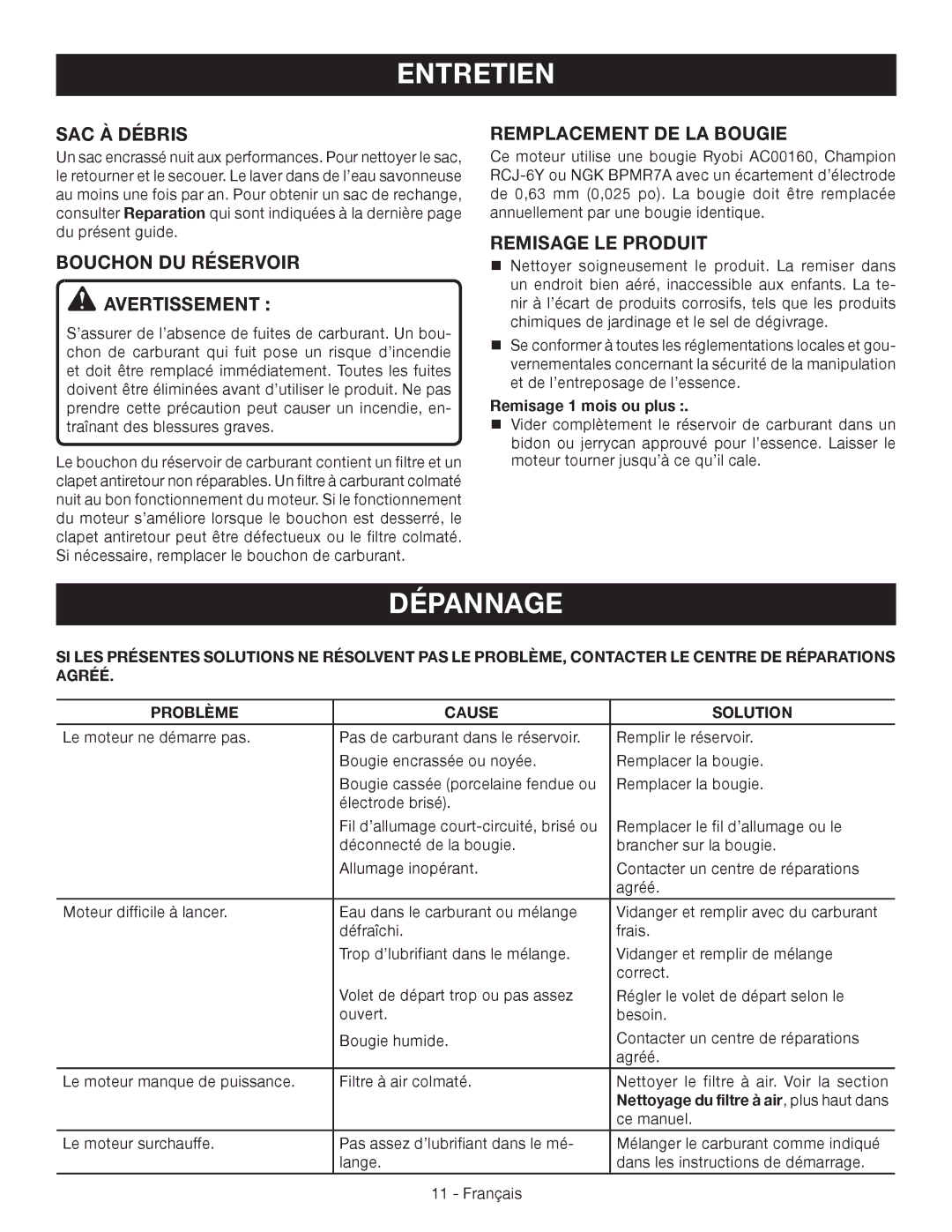 Ryobi RY09051 Dépannage, Bouchon DU Réservoir Avertissement, Remplacement DE LA Bougie, Remisage LE Produit 