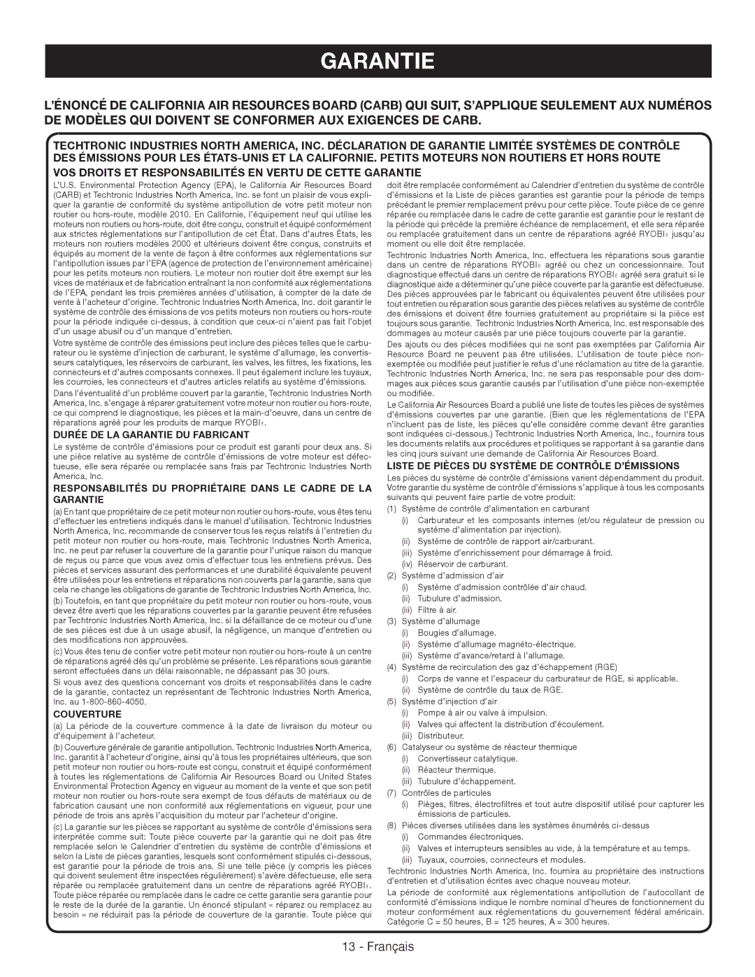 Ryobi RY09051 Durée DE LA Garantie DU Fabricant, Couverture, Liste DE Pièces DU Système DE Contrôle D’ÉMISSIONS 