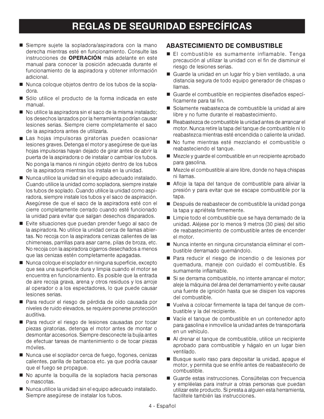 Ryobi RY09051 manuel dutilisation Reglas DE Seguridad Específicas, Abastecimiento DE Combustible 