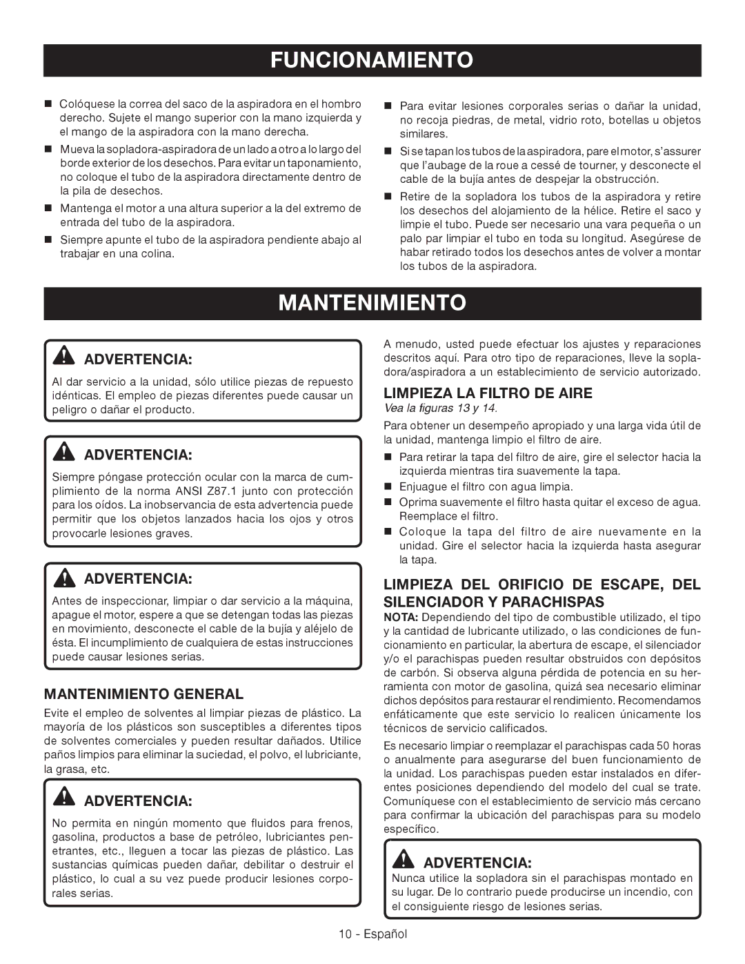 Ryobi RY09051 manuel dutilisation Mantenimiento General, Limpieza LA Filtro DE Aire, Vea la figuras 13 y 