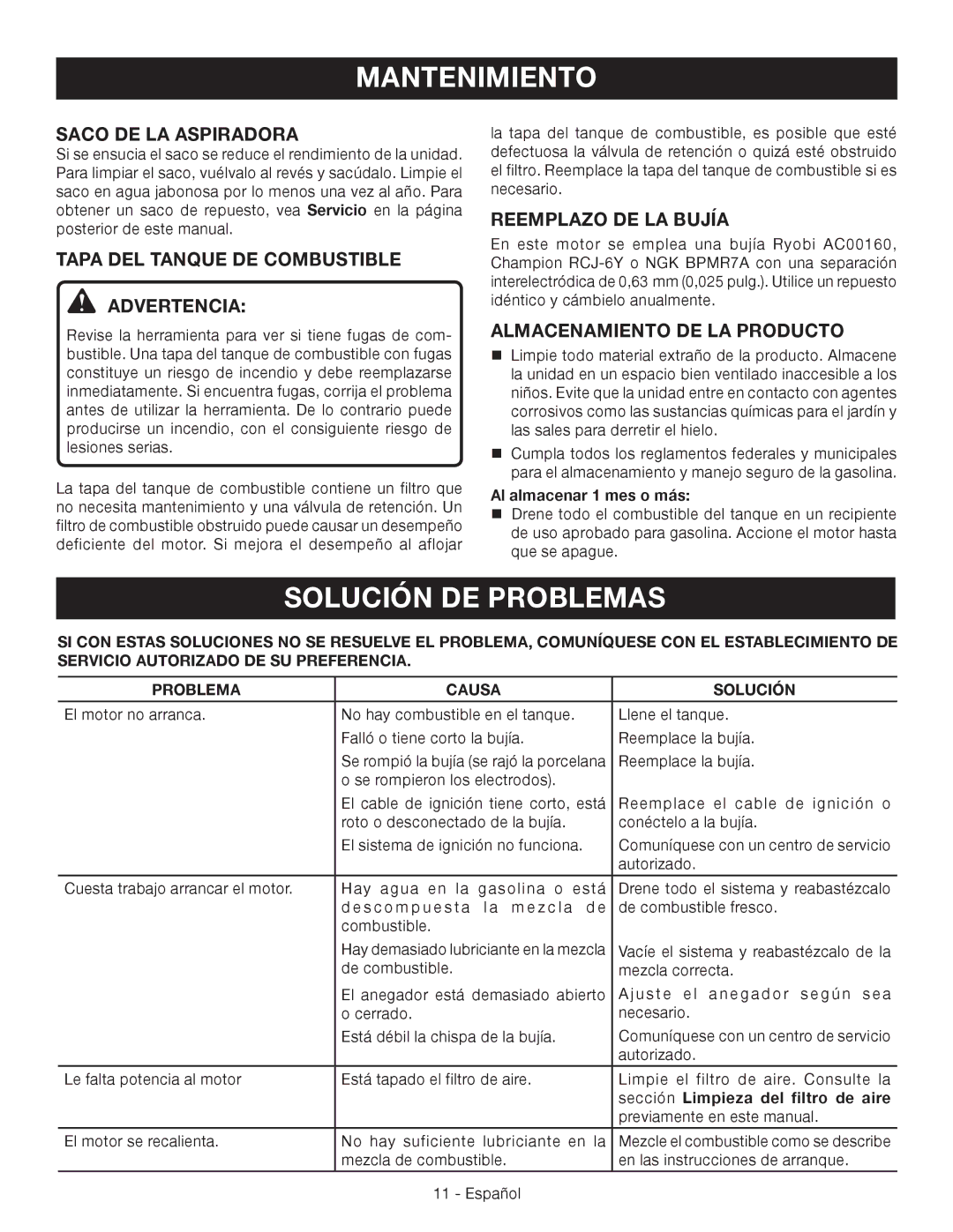 Ryobi RY09051 manuel dutilisation Solución DE Problemas, Tapa DEL Tanque DE Combustible Advertencia, Reemplazo DE LA Bujía 