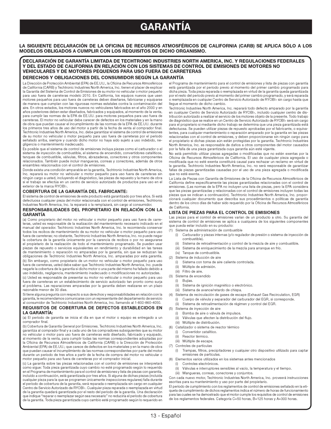 Ryobi RY09051 manuel dutilisation Cobertura DE LA Garantía DEL Fabricante, Lista DE Piezas Para EL Control DE Emisiones 