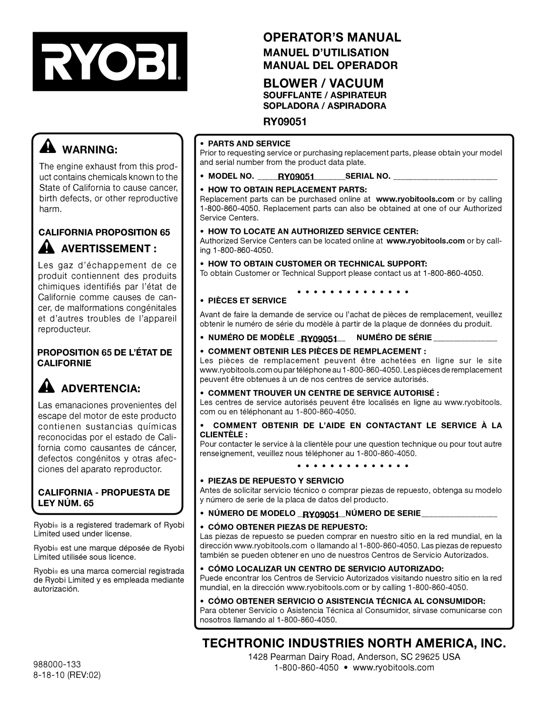 Ryobi RY09051 Manuel D’UTILISATION Manual DEL Operador, California Proposition, Proposition 65 DE L’ÉTAT DE Californie 