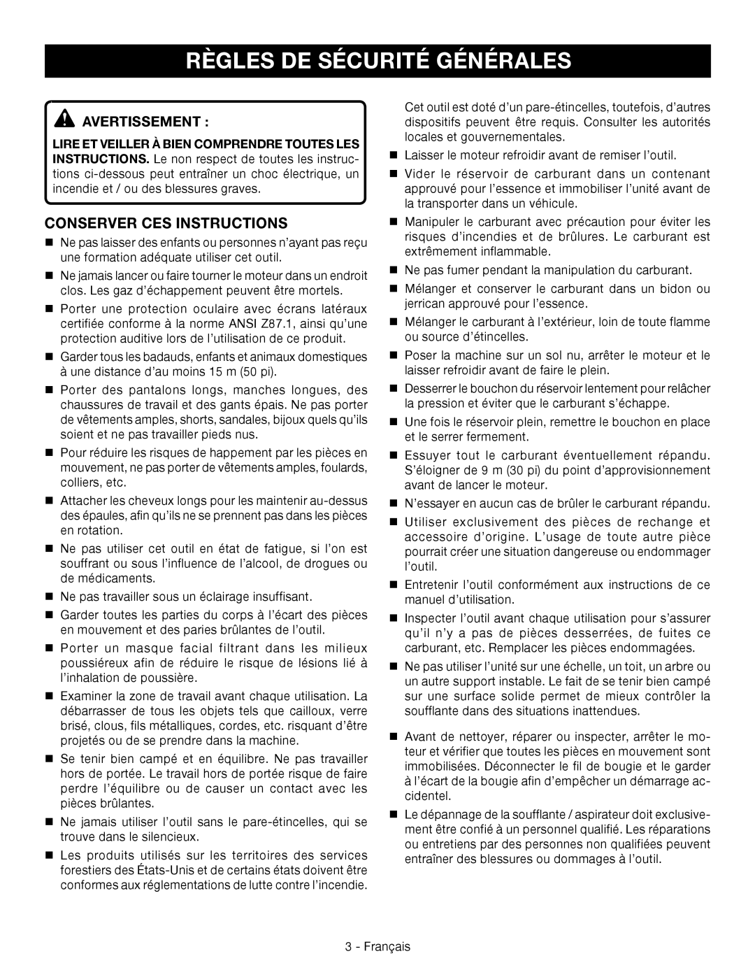 Ryobi RY09051 manuel dutilisation Règles De Sécurité Générales, Conserver Ces Instructions, Avertissement  
