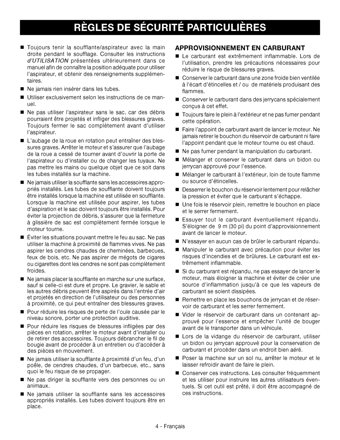 Ryobi RY09051 manuel dutilisation Règles De Sécurité Particulières, Approvisionnement En Carburant 