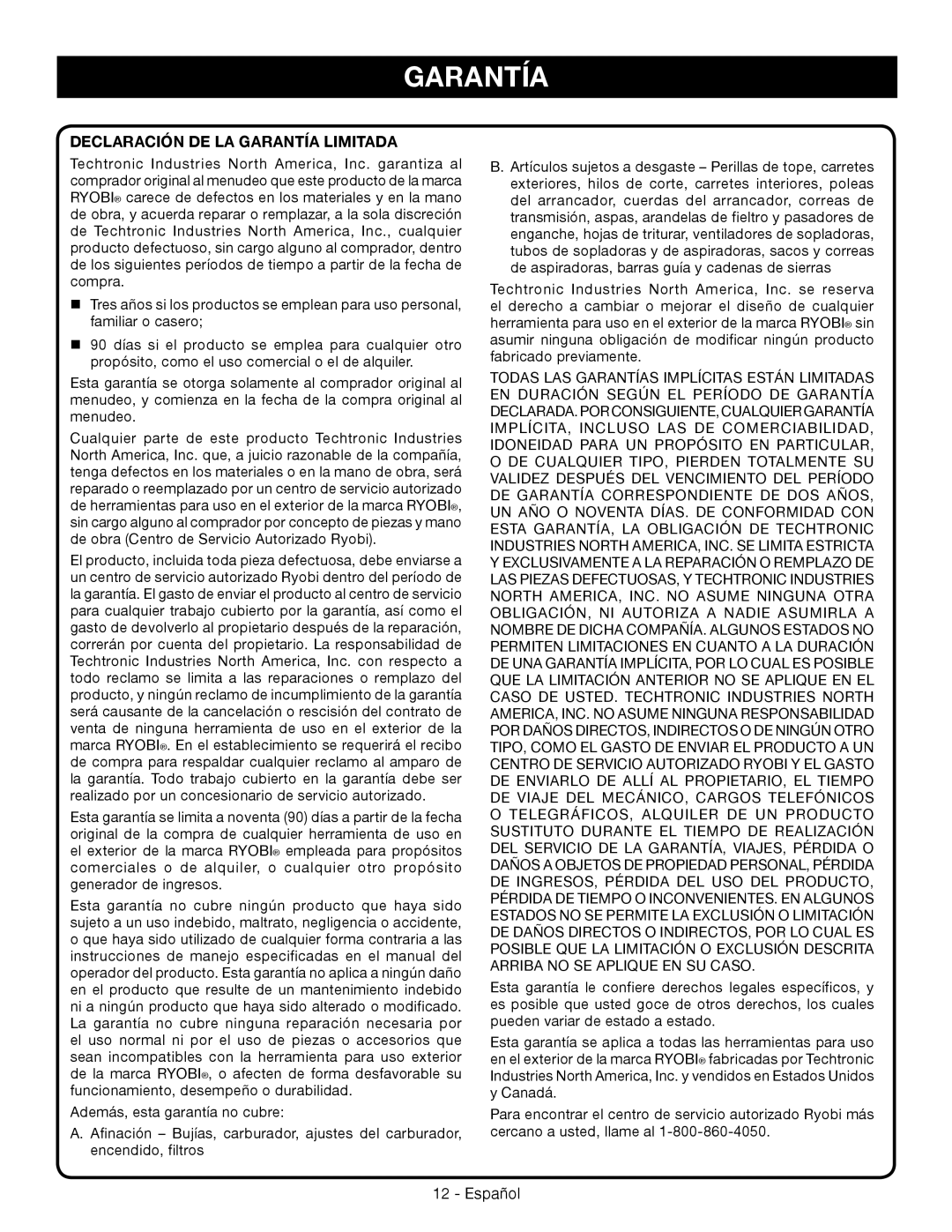 Ryobi RY09051 manuel dutilisation Declaración De La Garantía Limitada 