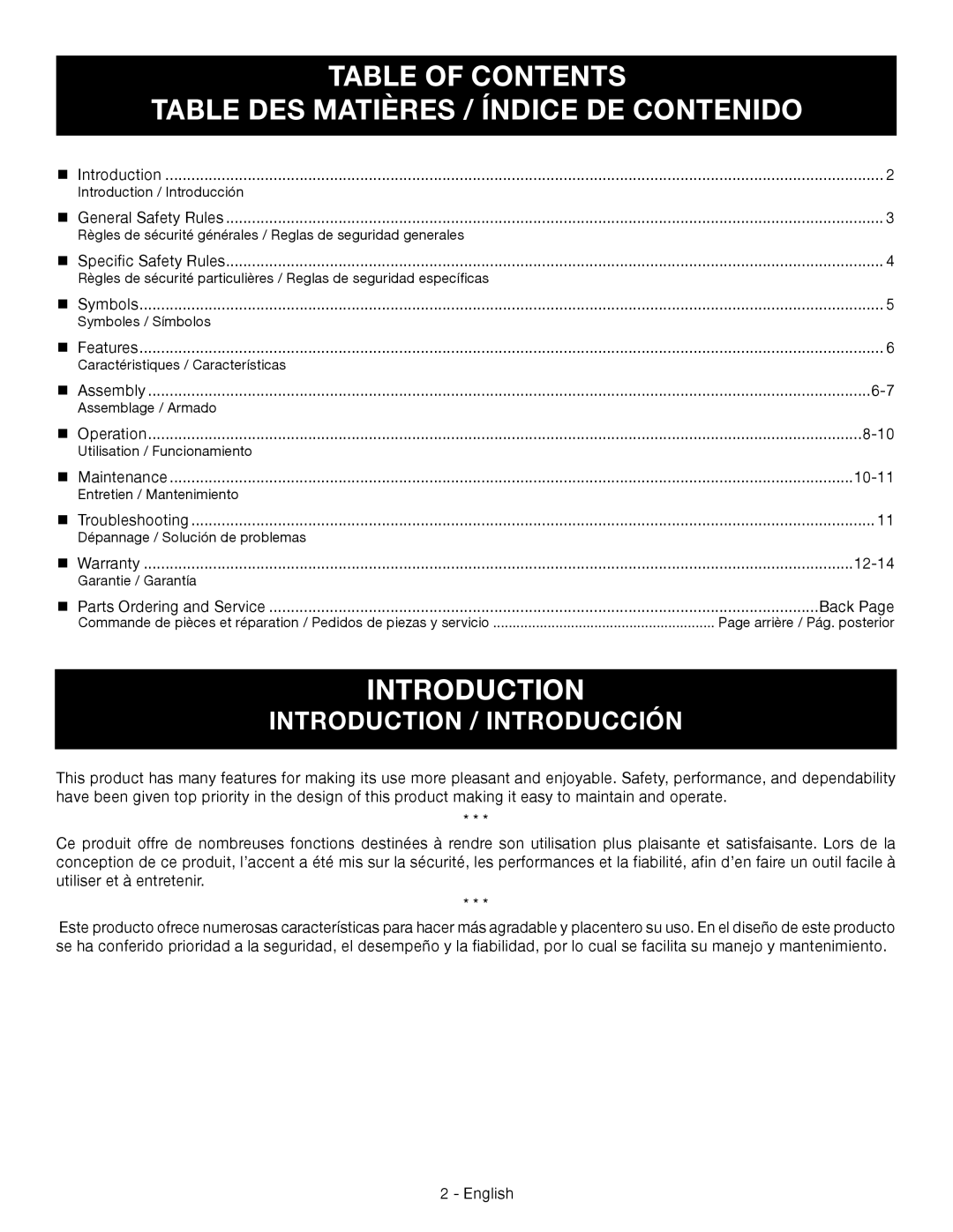 Ryobi RY09051 Table Of Contents Table Des Matières / Índice De Contenido, Introduction / Introducción 