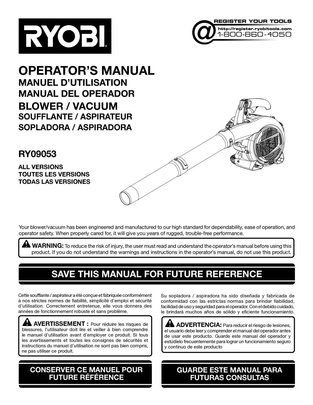 Ryobi RY09053 manuel dutilisation Save this Manual for Future Reference 