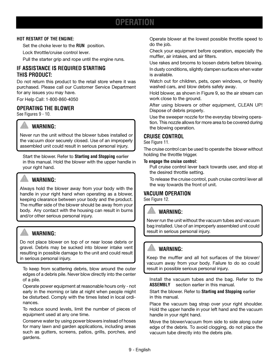 Ryobi RY09053 If Assistance is Required Starting this Product, Operating the Blower, Cruise Control, Vacuum Operation 