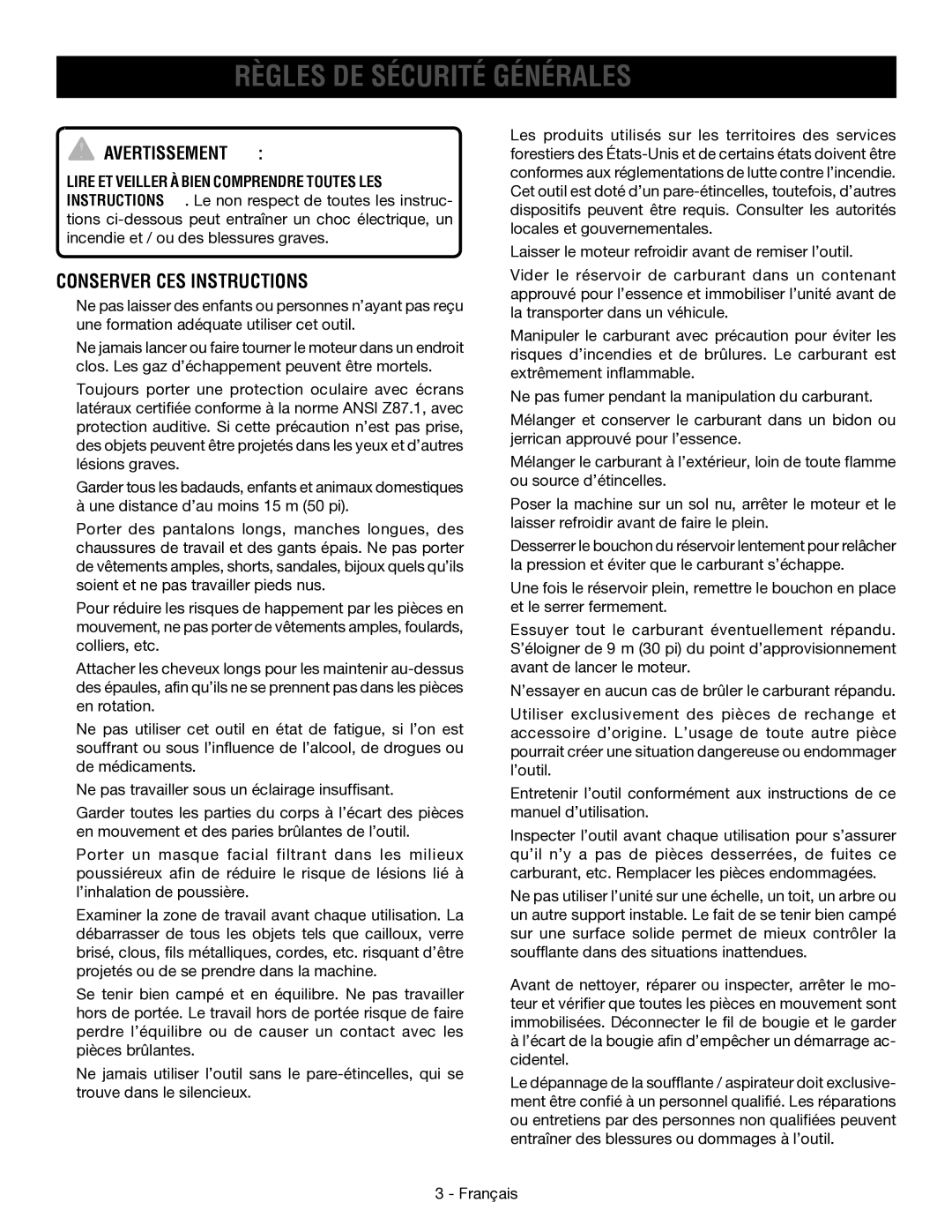 Ryobi RY09053 manuel dutilisation Règles DE Sécurité Générales, Conserver CES Instructions, Avertissement  