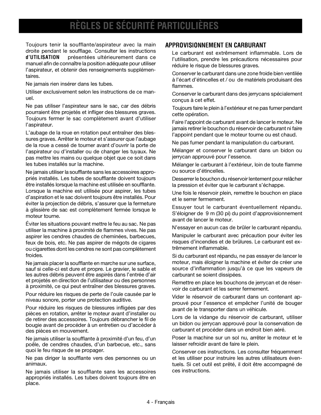 Ryobi RY09053 manuel dutilisation Règles DE Sécurité Particulières, Approvisionnement EN Carburant 