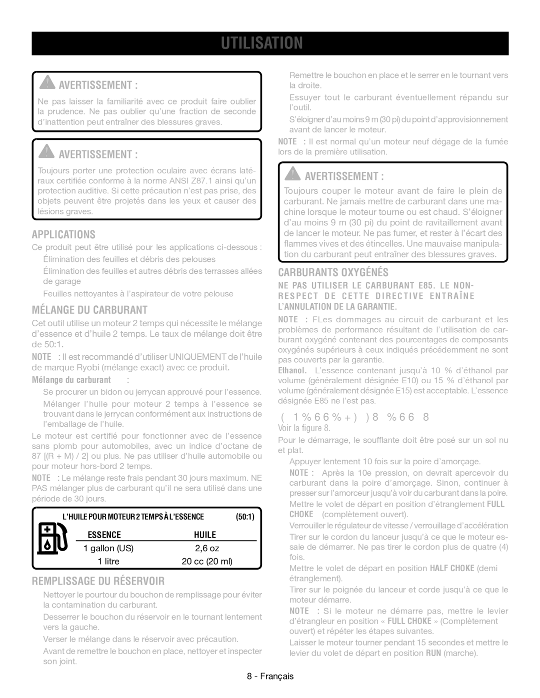 Ryobi RY09053 Utilisation, Mélange DU Carburant, Remplissage DU Réservoir, Carburants Oxygénés, Démarrage ET Arrêt 