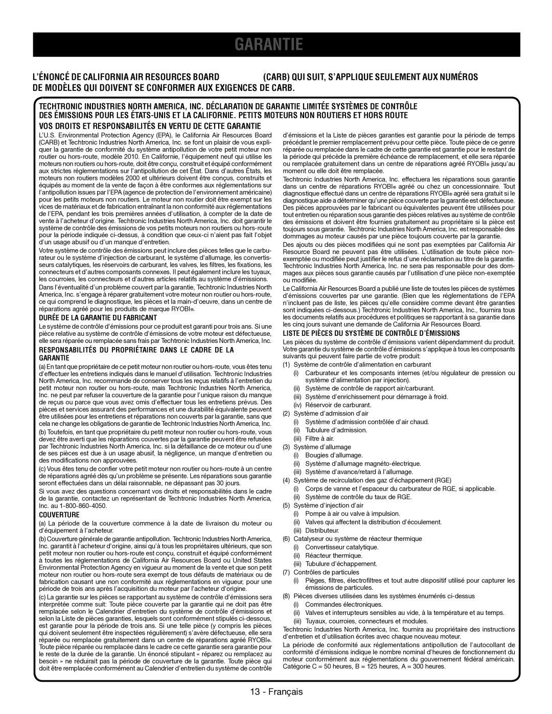 Ryobi RY09053 manuel dutilisation Responsabilités DU Propriétaire Dans LE Cadre DE LA Garantie 