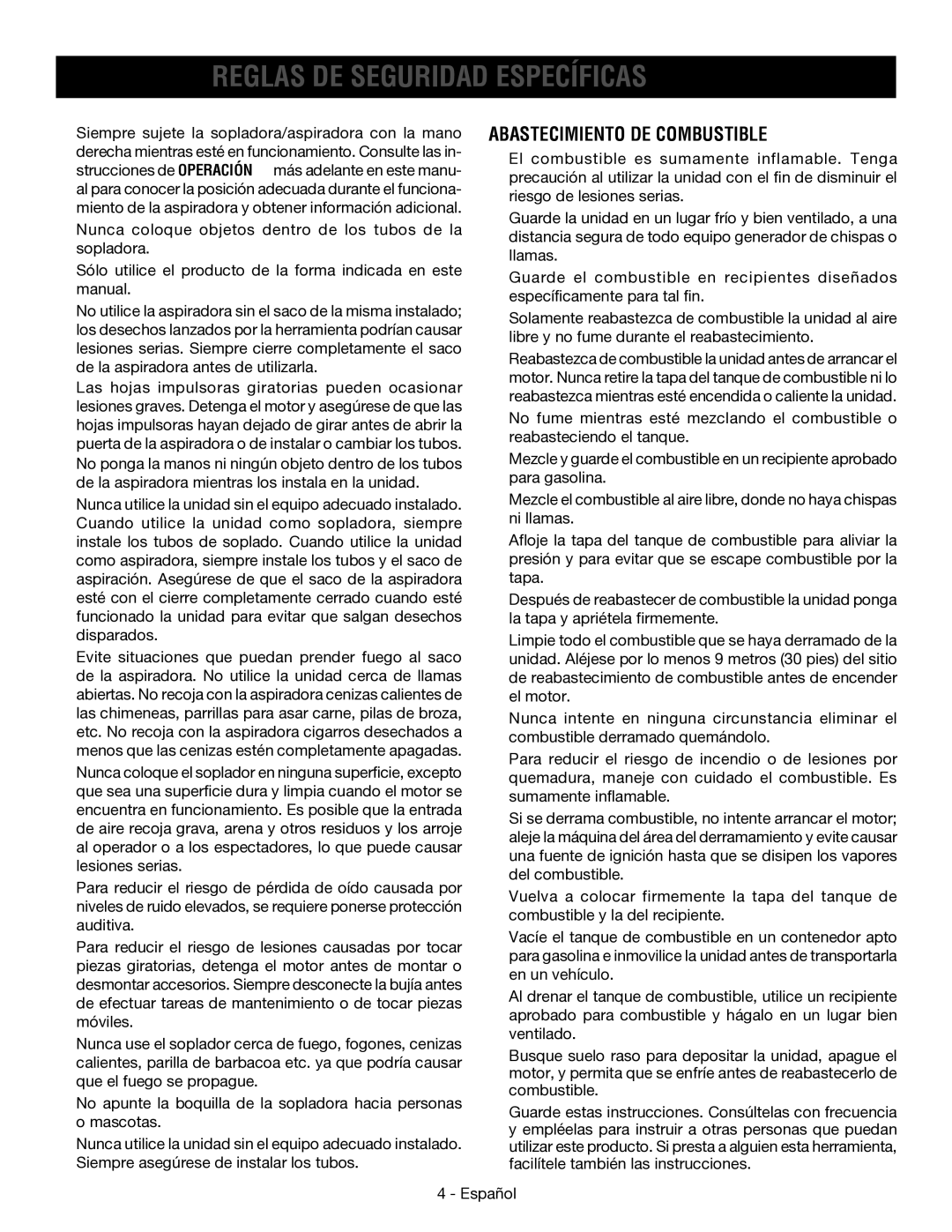 Ryobi RY09053 manuel dutilisation Reglas DE Seguridad Específicas, Abastecimiento DE Combustible 