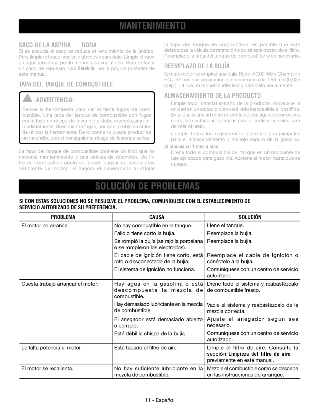 Ryobi RY09053 manuel dutilisation Solución DE Problemas, Tapa DEL Tanque DE Combustible Advertencia, Reemplazo DE LA Bujía 