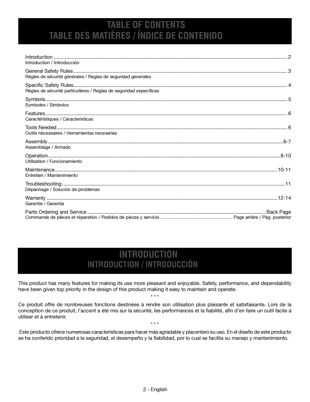 Ryobi RY09053 manuel dutilisation Table of Contents Table DES Matières / Índice DE Contenido, Introduction 