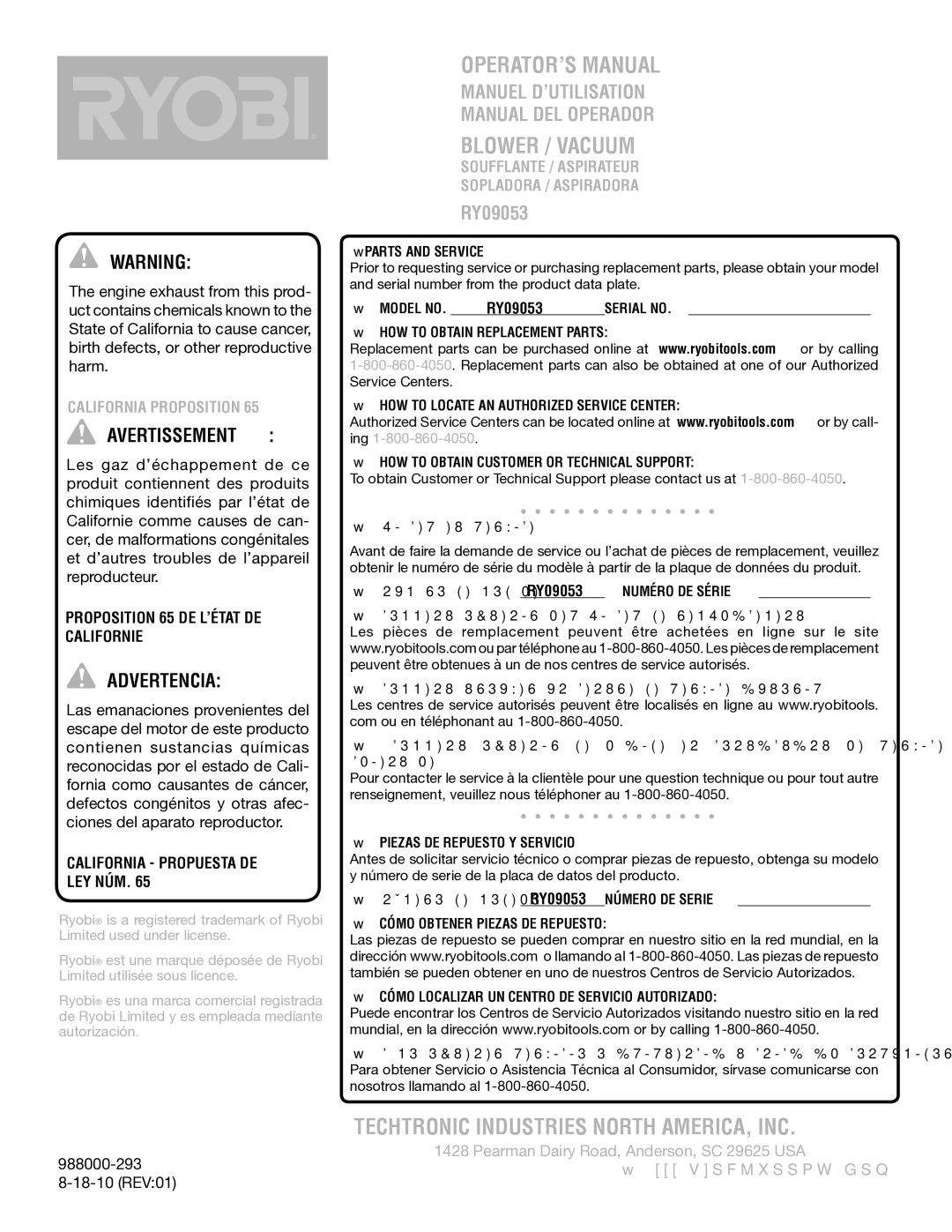 Ryobi RY09053 Manuel D’UTILISATION Manual DEL Operador, California Proposition, Proposition 65 DE L’ÉTAT DE Californie 