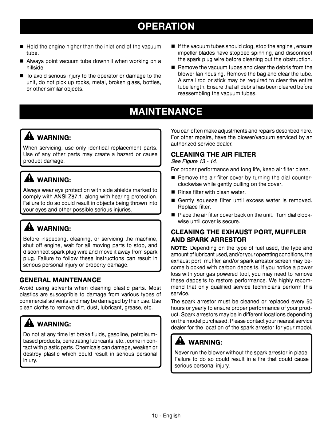 Ryobi RY09053 manuel dutilisation General Maintenance, Cleaning The Air Filter, Operation, See Figure 