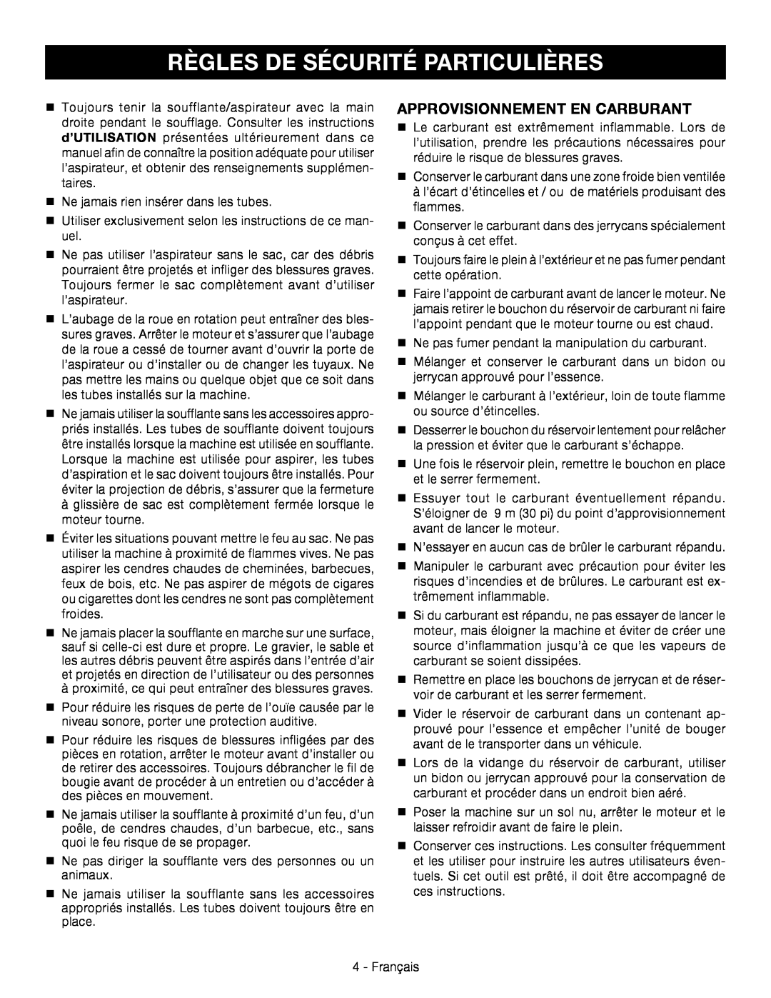 Ryobi RY09053 manuel dutilisation Règles De Sécurité Particulières, Approvisionnement En Carburant 