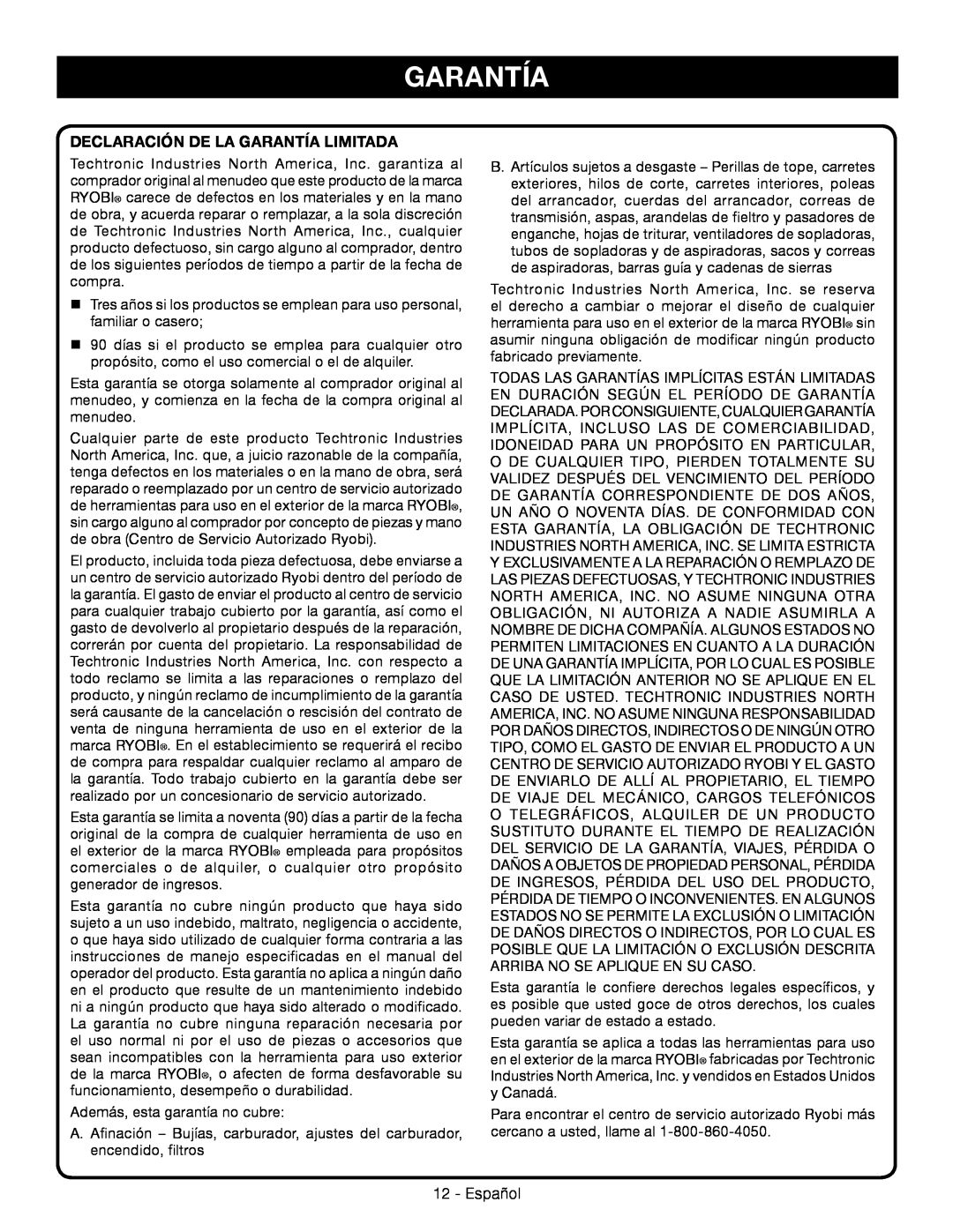Ryobi RY09053 manuel dutilisation Declaración De La Garantía Limitada 