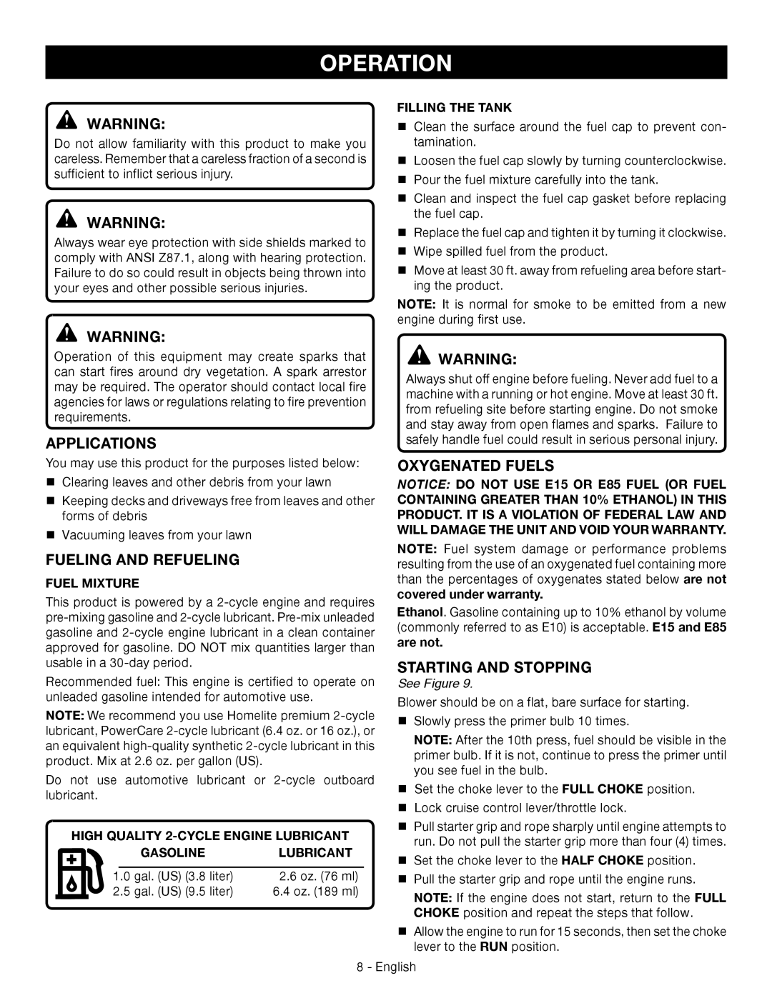 Ryobi RY09056 manuel dutilisation Operation, Applications, Fueling and Refueling, Oxygenated Fuels, Starting and Stopping 