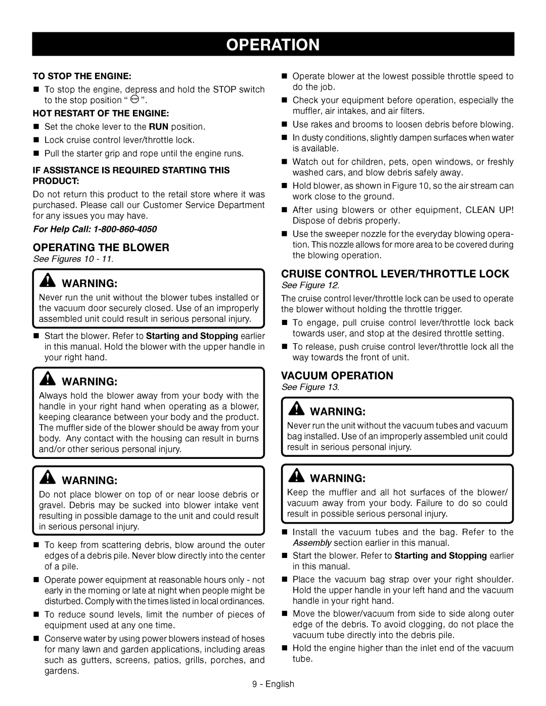 Ryobi RY09056 Operating the Blower, Vacuum Operation, To Stop the Engine, HOT Restart of the Engine, See Figures 10 