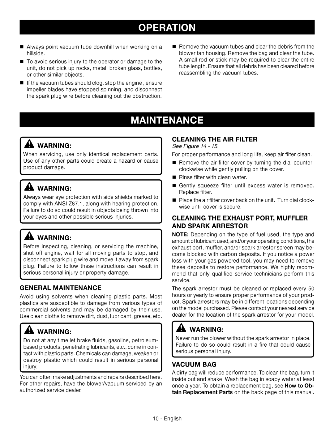 Ryobi RY09056 General Maintenance, Cleaning the AIR Filter, Cleaning the Exhaust PORT, Muffler and spark arrestor 