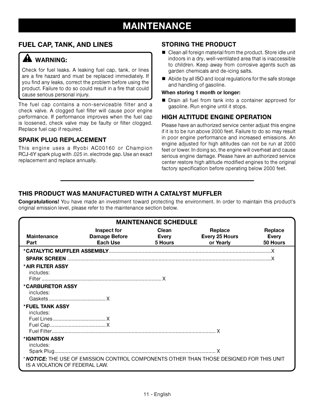 Ryobi RY09056 Spark Plug replacement, Storing the Product, High Altitude Engine Operation, Maintenance Schedule 