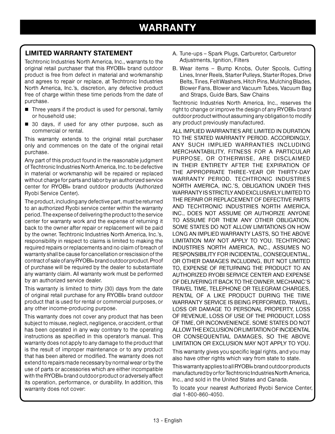 Ryobi RY09056 manuel dutilisation Limited Warranty Statement 