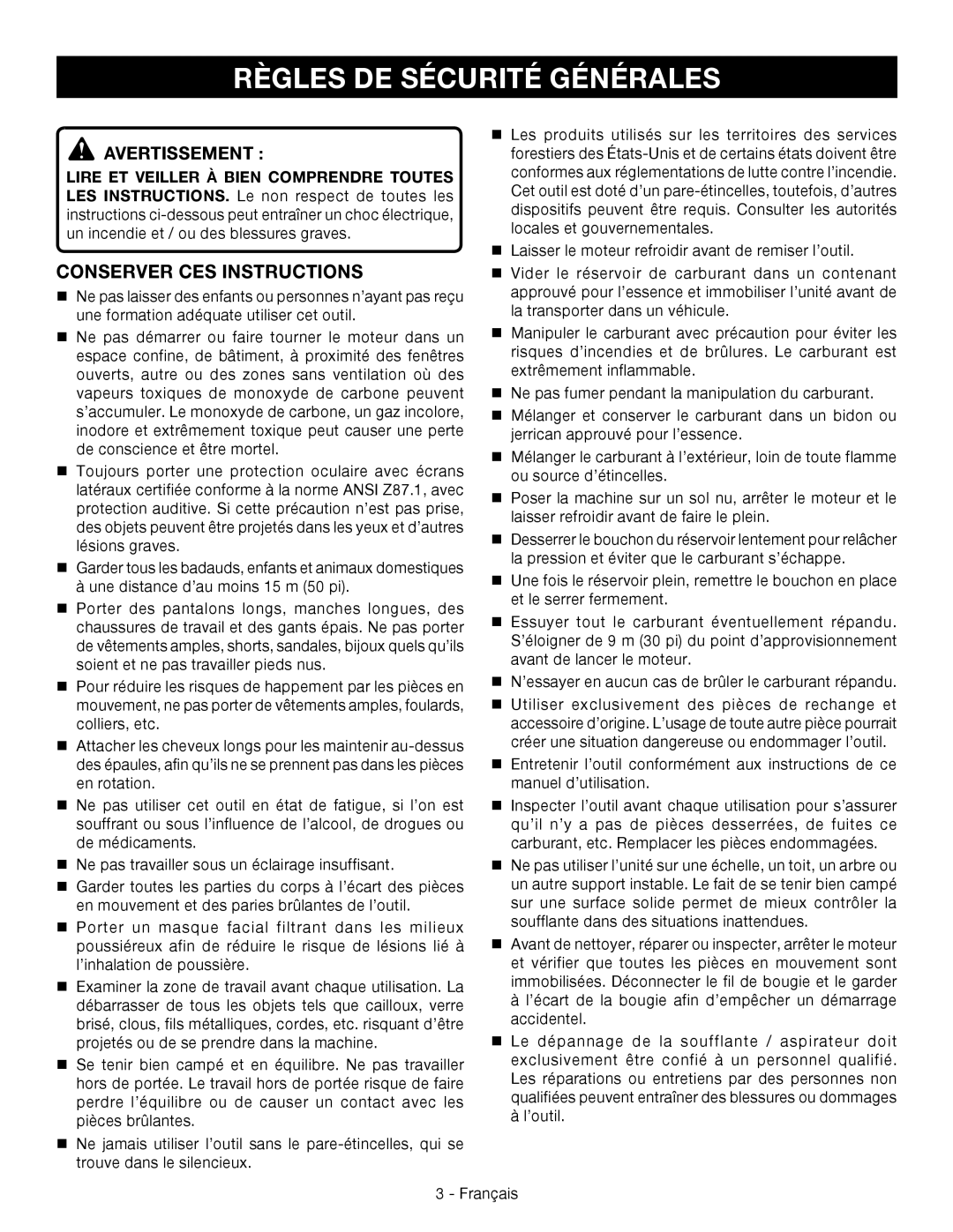 Ryobi RY09056 manuel dutilisation Règles de sécurité générales, Conserver ces instructions, Avertissement  