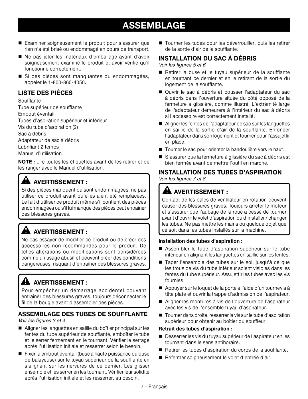 Ryobi RY09056 manuel dutilisation Liste des pièces, Assemblage DES Tubes DE Soufflante, Installation DU SAC À Débris 